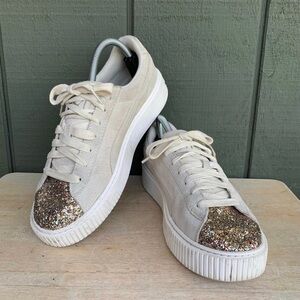 Women’s Size 10 - Puma Basket Platform Glitter Trainers Silver EU 41 UK 7.5
